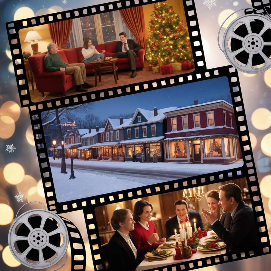 Christmas movie collage with holiday themes