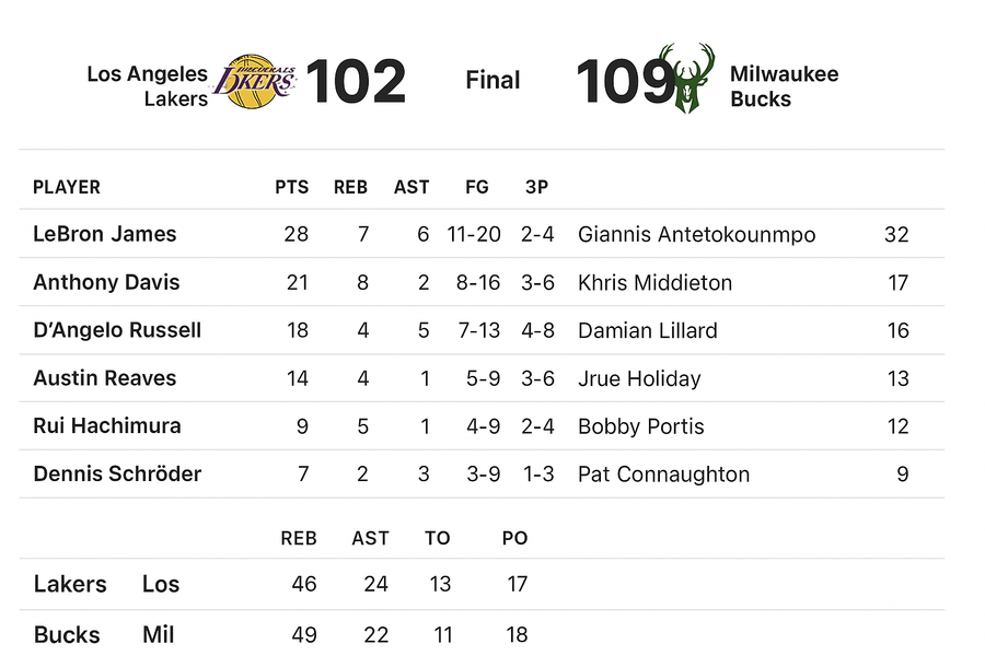 Lakers vs Milwaukee Bucks Match Player Stats