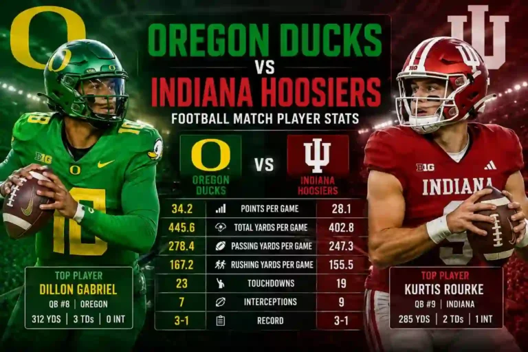 Oregon Ducks Football vs Indiana Hoosiers Football Match Player Stats