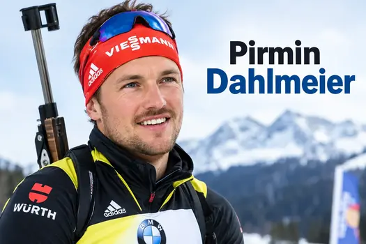 Pirmin Dahlmeier biathlon athlete portrait in snowy Alpine landscape