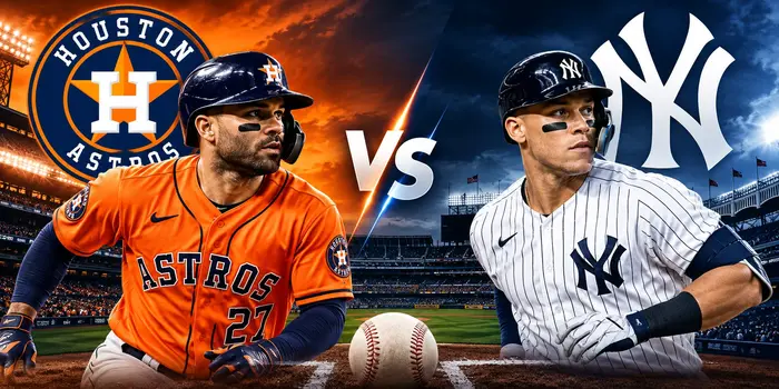Astros vs Yankees baseball matchup with players and stadium