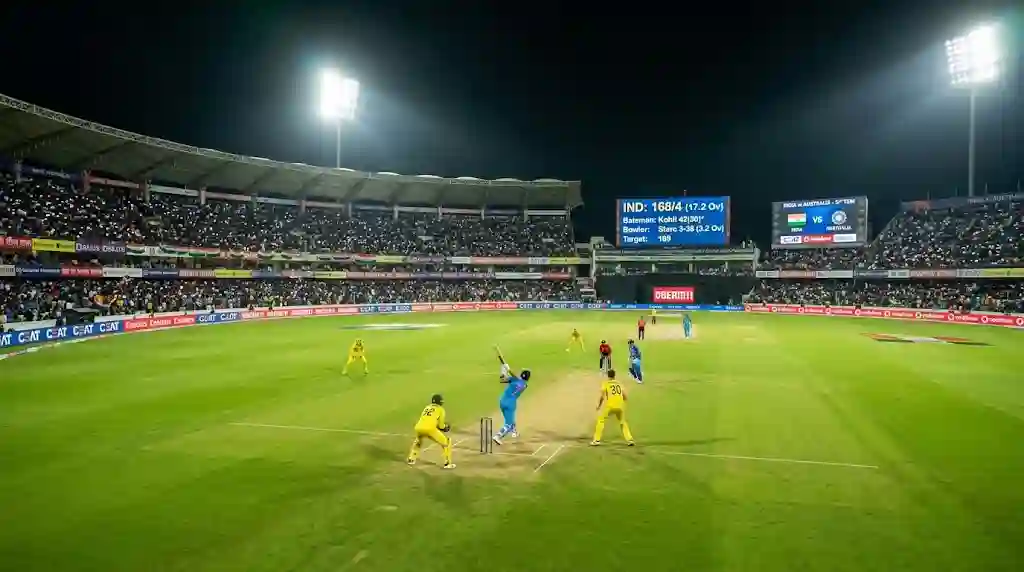 A wide-angle view of a packed international cricket stadium at night with bright floodlights, showcasing the green pitch, players, cricket stumps, and a glowing digital scoreboard in the background.