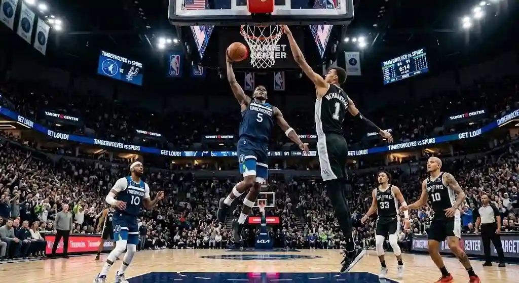 Minnesota Timberwolves guard Anthony Edwards soaring through the air for a one-handed dunk against San Antonio Spurs center Victor Wembanyama at the rim in a high-intensity NBA game.