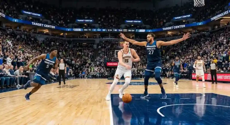 Nikola Jokic making a bounce pass while guarded by Rudy Gobert with Anthony Edwards cutting along the perimeter during a Denver Nuggets vs Minnesota Timberwolves NBA game.