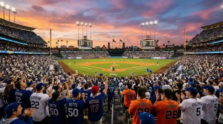 Wide-angle sports photography of a packed Major League Baseball stadium at golden hour with cheering fans, a glowing scoreboard, and a dramatic sunset sky.