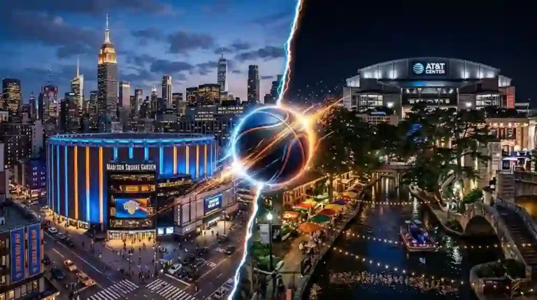 Split-screen sports banner showing Madison Square Garden in New York lit in blue and orange on the left, and the San Antonio River Walk with AT&T Center in silver and black on the right, connected by a glowing basketball in mid-air.