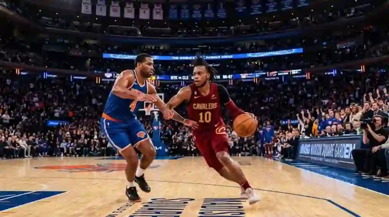 A Cleveland Cavaliers guard in a wine and gold jersey driving past a New York Knicks defender on the court inside Madison Square Garden during an intense NBA game.