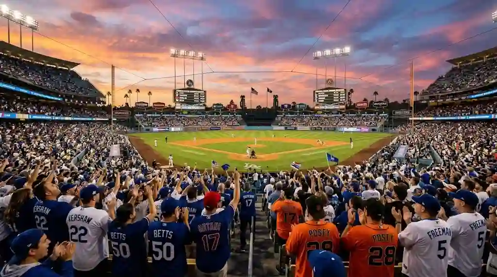 Wide-angle sports photography of a packed Major League Baseball stadium at golden hour with cheering fans, a glowing scoreboard, and a dramatic sunset sky.